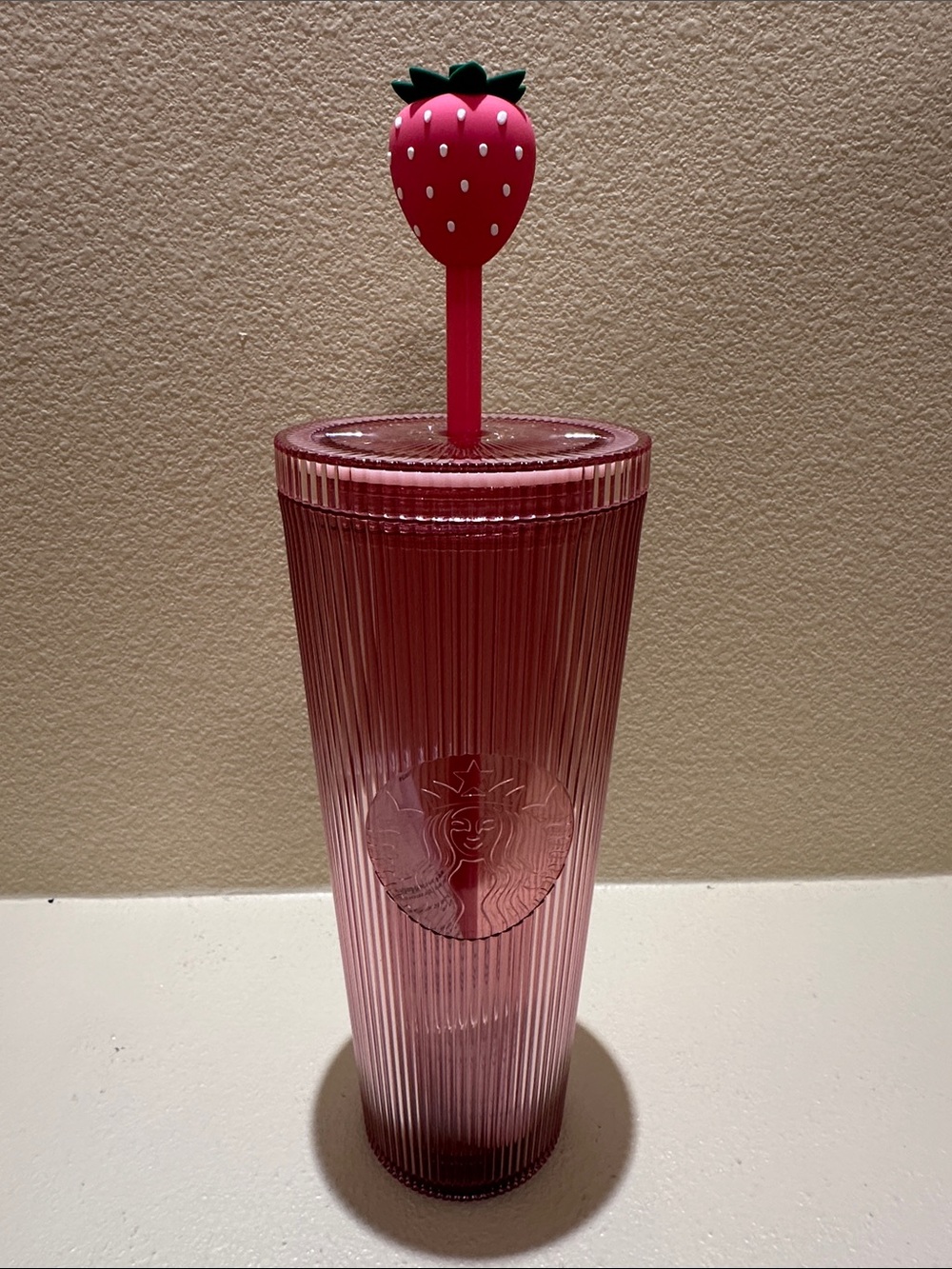 Starbucks Pink Ribbed Strawberry Tumbler with Strawberry Top Straw